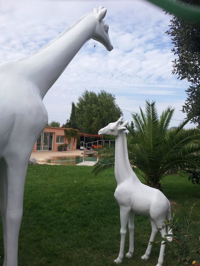 girafe en résine et fibres de verre 
peinture blanche laquée vernie 
320 cm de haut 